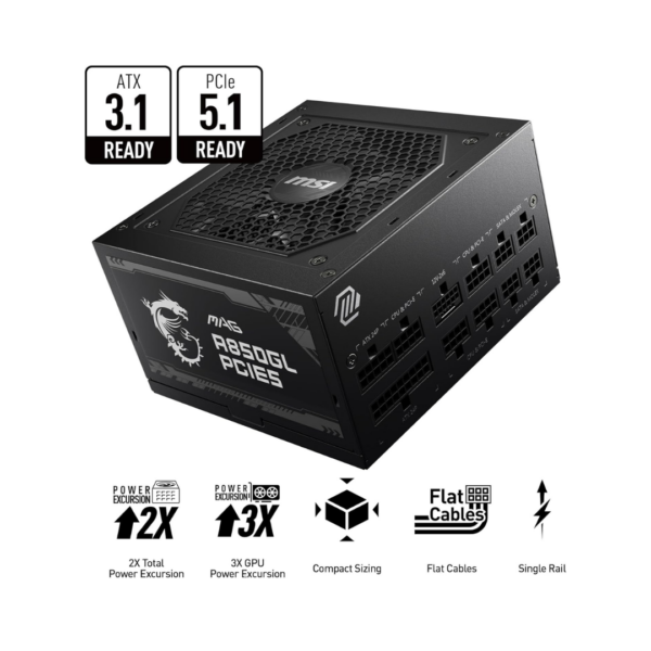 MSI MAG A850GL 850W PCIE 5.1 & ATX 3.1 Fully Modular, Gold ATX Power Supply - Image 11