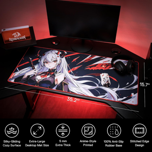 Redragon EISA P047L Anime Gaming Mouse Pad - Smooth Lycra Surface, Anti-Slip Rubber Base, Spill-Resistant, Durable 5mm Thick Design, 35 x 16 inches, Black - Image 3