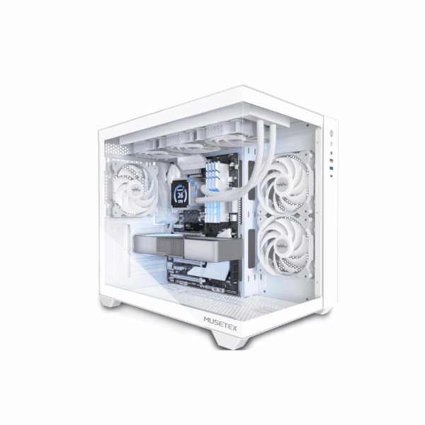 MUSETEX ATX PC Case, 3 x 120mm Fans Pre-Installed, 360MM RAD Support, 270° Full View Tempered Glass Gaming PC Case with Type-C, Mid Tower ATX Computer Case, White, Y6