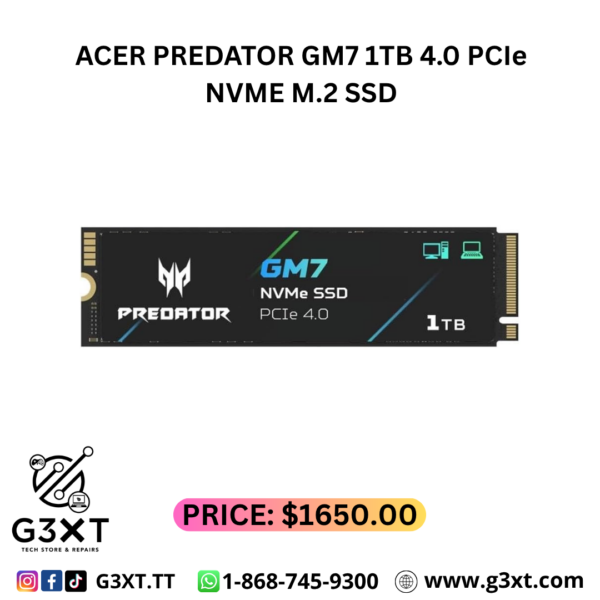 Acer Predator GM7 1TB SSD: M.2 2280 PCIe Gen 4 x4 NVMe 2.0, Read Speed Up to 7400 MB/s, Internal PC Solid State Drive for Laptop, Desktop and PS5 - BL.9BWWR.118