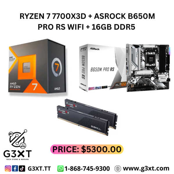 AMD RYZEN 7 7700X3D + ASROCK B650M PRO RS WIFI + G.SKILL FLARE X5 1X16GB DDR5 6000MHZ CL36